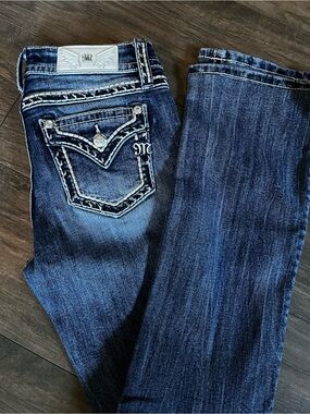 Miss Me Dark Blue Bootcut Jeans with Embroidered Rhinestone Pockets